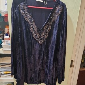 Navy Velvet Tunic with Embellished Neckline